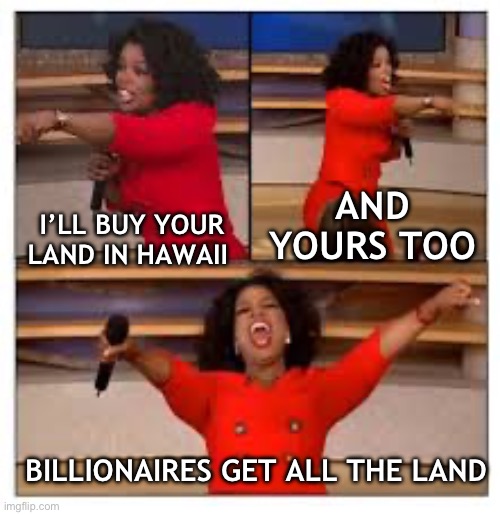 Land Grab time | AND YOURS TOO; I’LL BUY YOUR LAND IN HAWAII; BILLIONAIRES GET ALL THE LAND | image tagged in oprah everyone get a dick,billionaire,the rock | made w/ Imgflip meme maker