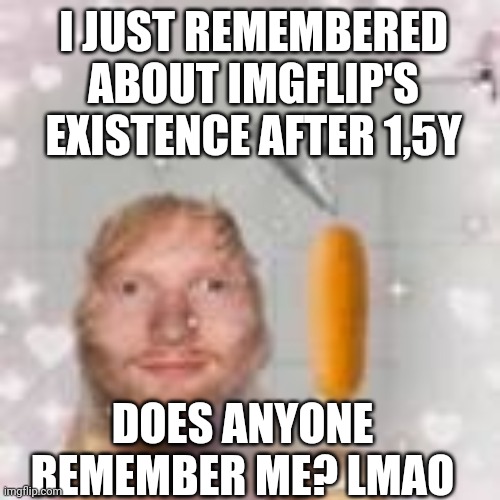 xd | I JUST REMEMBERED ABOUT IMGFLIP'S EXISTENCE AFTER 1,5Y; DOES ANYONE REMEMBER ME? LMAO | image tagged in ed sheeran holding a corn dog in the shower | made w/ Imgflip meme maker