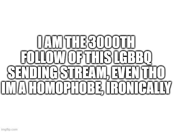 dont ban me mods, i just wanna interact with more ppl | I AM THE 3000TH FOLLOW OF THIS LGBBQ SENDING STREAM, EVEN THO IM A HOMOPHOBE, IRONICALLY | made w/ Imgflip meme maker
