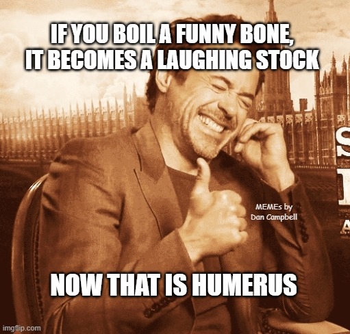 laughing | IF YOU BOIL A FUNNY BONE, IT BECOMES A LAUGHING STOCK; MEMEs by Dan Campbell; NOW THAT IS HUMERUS | image tagged in laughing | made w/ Imgflip meme maker