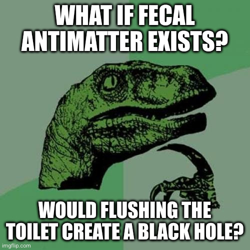 Philosoraptor | WHAT IF FECAL ANTIMATTER EXISTS? WOULD FLUSHING THE TOILET CREATE A BLACK HOLE? | image tagged in memes,philosoraptor | made w/ Imgflip meme maker