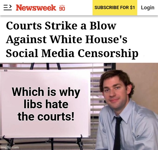 libs in favor of censorship by a totalitarian government | Which is why
libs hate
the courts! | image tagged in jim halpert explains,censorship,social media,joe biden,totalitarianism,democrats | made w/ Imgflip meme maker