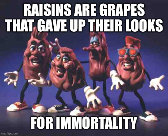 California Raisins | RAISINS ARE GRAPES THAT GAVE UP THEIR LOOKS; FOR IMMORTALITY | image tagged in california raisins | made w/ Imgflip meme maker