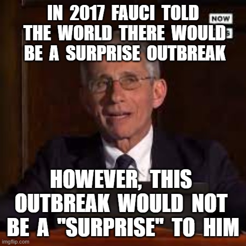 IN  2017  FAUCI  TOLD  THE  WORLD  THERE  WOULD  BE  A  SURPRISE  OUTBREAK; HOWEVER,  THIS  OUTBREAK  WOULD  NOT  BE  A  "SURPRISE"  TO  HIM | image tagged in dr fauci,plandemic,covid19,surprise outbreak,bioweapon | made w/ Imgflip meme maker