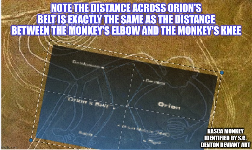 Nasca Monkey Identified by S.C. Denton | NOTE THE DISTANCE ACROSS ORION'S BELT IS EXACTLY THE SAME AS THE DISTANCE BETWEEN THE MONKEY'S ELBOW AND THE MONKEY'S KNEE; NASCA MONKEY IDENTIFIED BY S.C. DENTON DEVIANT ART | image tagged in stars,universe | made w/ Imgflip meme maker