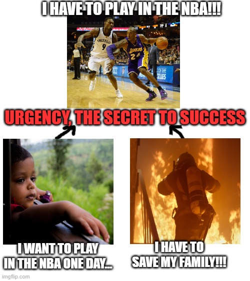 The secret to success | I HAVE TO PLAY IN THE NBA!!! URGENCY, THE SECRET TO SUCCESS; I HAVE TO SAVE MY FAMILY!!! I WANT TO PLAY IN THE NBA ONE DAY... | image tagged in success,basketball,motivation | made w/ Imgflip meme maker