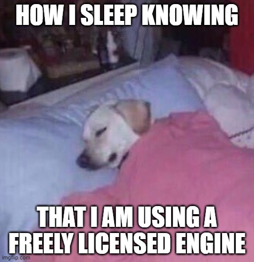 How I sleep at night | HOW I SLEEP KNOWING; THAT I AM USING A FREELY LICENSED ENGINE | image tagged in how i sleep at night | made w/ Imgflip meme maker