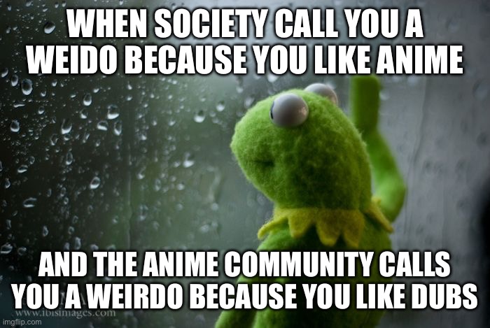 It's a sad place to be | WHEN SOCIETY CALL YOU A WEIDO BECAUSE YOU LIKE ANIME; AND THE ANIME COMMUNITY CALLS YOU A WEIRDO BECAUSE YOU LIKE DUBS | image tagged in kermit window,anime,anime meme,memes,anime dubs | made w/ Imgflip meme maker