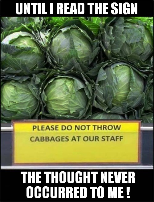 I Need To Limber Up ! | UNTIL I READ THE SIGN; THE THOUGHT NEVER
OCCURRED TO ME ! | image tagged in fun,supermarket,cabbage,staff | made w/ Imgflip meme maker