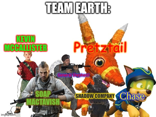 All of Team Earth so far(EDIT: New Link https://imgflip.com/i/7zgj8x?nerp=1694973095 ) | KEVIN MCCALLISTER; Pretztail; General Shepherd; SOAP MACTAVISH; SHADOW COMPANY; Chase | made w/ Imgflip meme maker