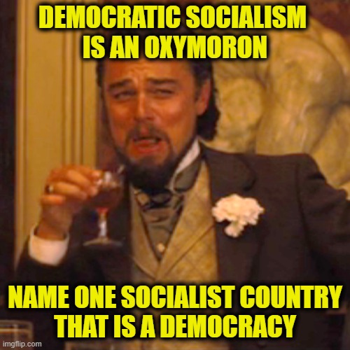 No such thing | DEMOCRATIC SOCIALISM 
IS AN OXYMORON; NAME ONE SOCIALIST COUNTRY
THAT IS A DEMOCRACY | image tagged in memes,laughing leo | made w/ Imgflip meme maker