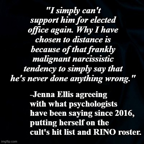 It starts with just a little bit of peel-away and before you know it, a co-conspirator turns state's evidence. | "I simply can't support him for elected office again. Why I have chosen to distance is because of that frankly malignant narcissistic tendency to simply say that he's never done anything wrong."; -Jenna Ellis agreeing with what psychologists have been saying since 2016, putting herself on the cult's hit list and RINO roster. | image tagged in black background,malignant narcissism,trump unfit unqualified dangerous,petty,loser | made w/ Imgflip meme maker