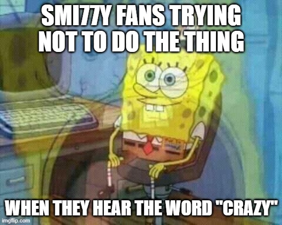 spongebob panic inside | SMI77Y FANS TRYING NOT TO DO THE THING; WHEN THEY HEAR THE WORD "CRAZY" | image tagged in spongebob panic inside | made w/ Imgflip meme maker