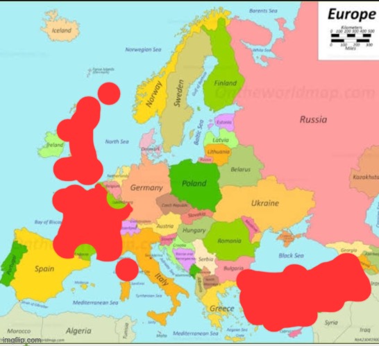 the uk is eliminated (if you're wondering why there's a red dot at Spain, Gibraltar is owned by the uk) | image tagged in europe map | made w/ Imgflip meme maker