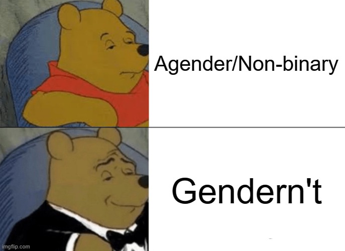 Tuxedo Winnie The Pooh | Agender/Non-binary; Gendern't | image tagged in memes,tuxedo winnie the pooh | made w/ Imgflip meme maker
