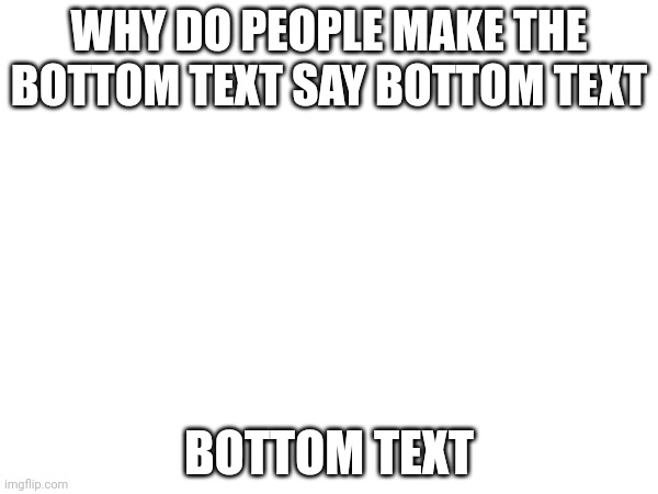 Bottom text | WHY DO PEOPLE MAKE THE BOTTOM TEXT SAY BOTTOM TEXT; BOTTOM TEXT | image tagged in bottom text | made w/ Imgflip meme maker
