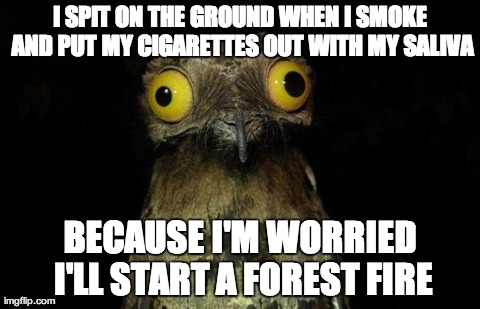 weird stuff i do pootoo | I SPIT ON THE GROUND WHEN I SMOKE AND PUT MY CIGARETTES OUT WITH MY SALIVA BECAUSE I'M WORRIED I'LL START A FOREST FIRE | image tagged in weird stuff i do pootoo,AdviceAnimals | made w/ Imgflip meme maker
