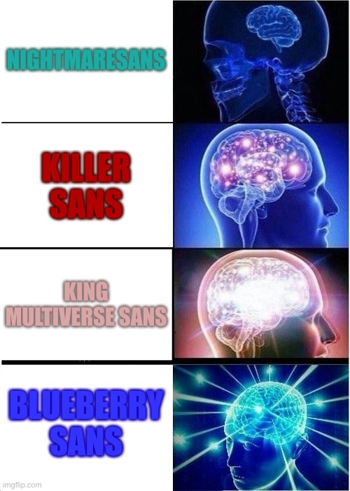 cuteness moater | NIGHTMARESANS; KILLER SANS; KING MULTIVERSE SANS; BLUEBERRY SANS | image tagged in memes,expanding brain | made w/ Imgflip meme maker