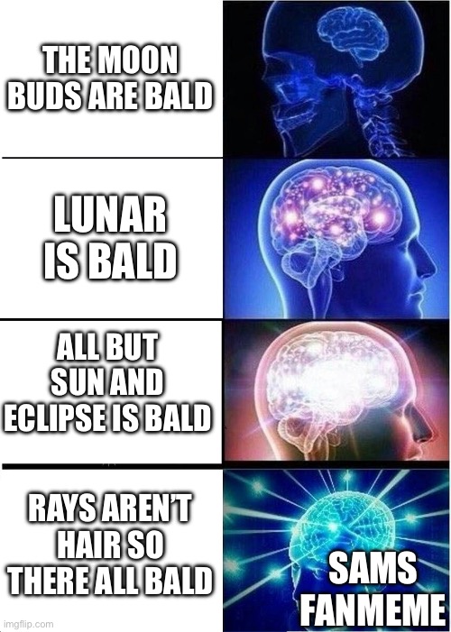 Sams fanmeme | THE MOON BUDS ARE BALD; LUNAR IS BALD; ALL BUT SUN AND ECLIPSE IS BALD; RAYS AREN’T HAIR SO THERE ALL BALD; SAMS FANMEME | image tagged in memes,expanding brain | made w/ Imgflip meme maker