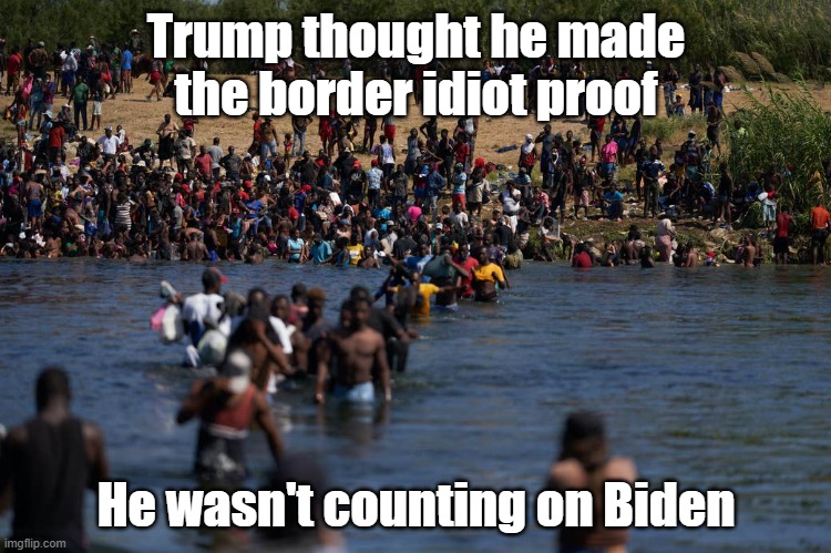 idiot | Trump thought he made the border idiot proof; He wasn't counting on Biden | image tagged in illegals invading the border | made w/ Imgflip meme maker