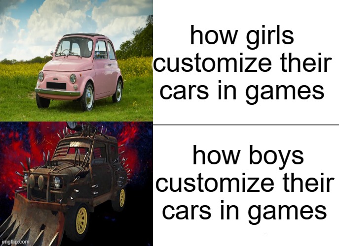 Tuxedo Winnie The Pooh | how girls customize their cars in games; how boys customize their cars in games | image tagged in memes,video games,funny | made w/ Imgflip meme maker