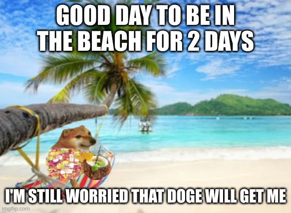 cheeems at the beach 2 | GOOD DAY TO BE IN THE BEACH FOR 2 DAYS; I'M STILL WORRIED THAT DOGE WILL GET ME | image tagged in cheems,doge | made w/ Imgflip meme maker