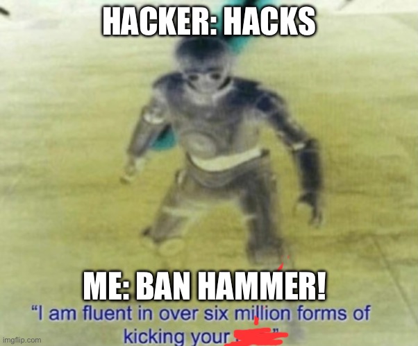 Gaming in a hackers-only game be like: | HACKER: HACKS; ME: BAN HAMMER! | image tagged in pc gaming,online gaming | made w/ Imgflip meme maker