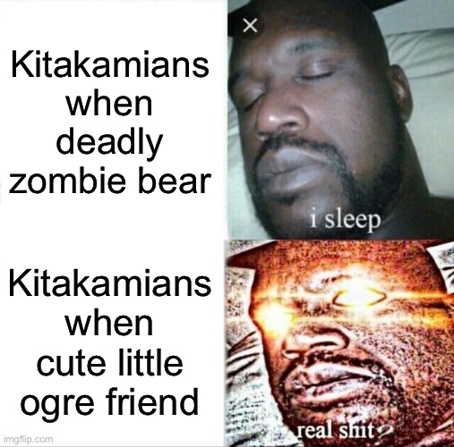 a | Kitakamians when deadly zombie bear; Kitakamians when cute little ogre friend | image tagged in memes,sleeping shaq | made w/ Imgflip meme maker