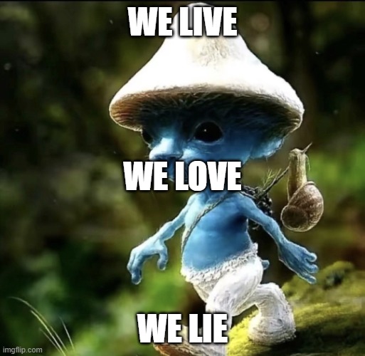 we live, we love, we lie.... | WE LIVE; WE LOVE; WE LIE | image tagged in blue smurf cat | made w/ Imgflip meme maker