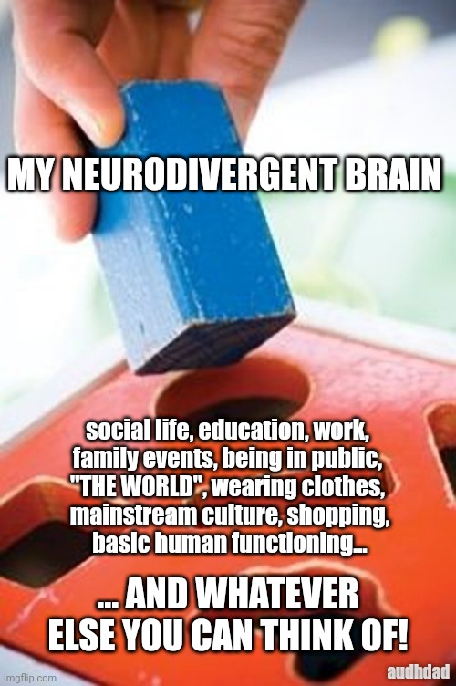 Neurodivergent peg in a neurotypical hole | MY NEURODIVERGENT BRAIN; social life, education, work, 
family events, being in public, 
"THE WORLD", wearing clothes, 
mainstream culture, shopping,
basic human functioning... ... AND WHATEVER ELSE YOU CAN THINK OF! audhdad | image tagged in square peg in a round hole,adhd,autism,neurodivergent,work,life | made w/ Imgflip meme maker