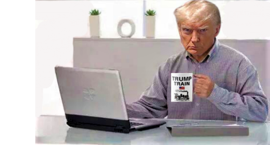 High Quality Trump drinks coffee reading laptop 2 Blank Meme Template