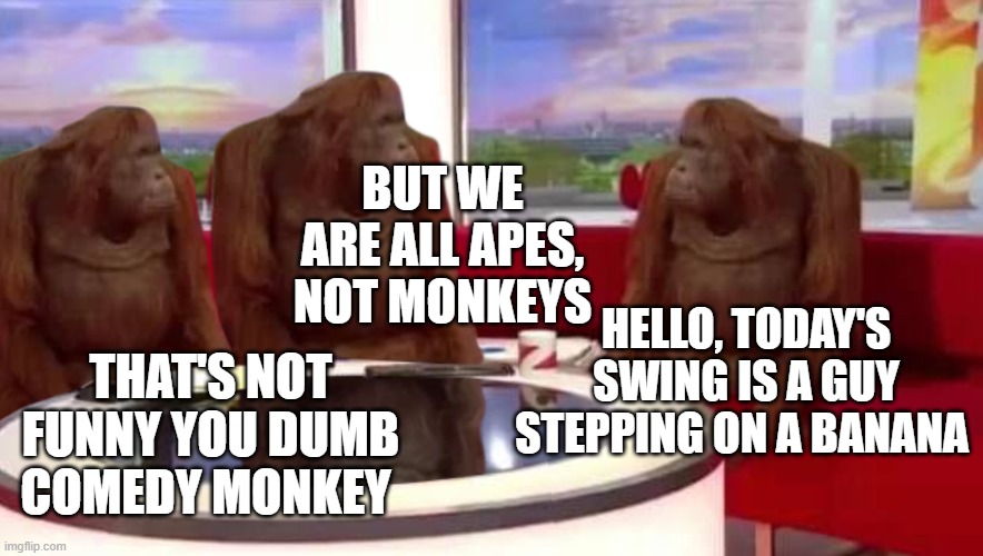 MONKEY FOR THE DAY! | BUT WE ARE ALL APES, NOT MONKEYS; THAT'S NOT FUNNY YOU DUMB COMEDY MONKEY; HELLO, TODAY'S SWING IS A GUY STEPPING ON A BANANA | image tagged in where monkey | made w/ Imgflip meme maker