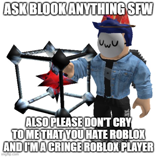 I'm serious with that bottom text btw | ASK BLOOK ANYTHING SFW; ALSO PLEASE DON'T CRY TO ME THAT YOU HATE ROBLOX AND I'M A CRINGE ROBLOX PLAYER | image tagged in blook holding a subspace tripmine | made w/ Imgflip meme maker