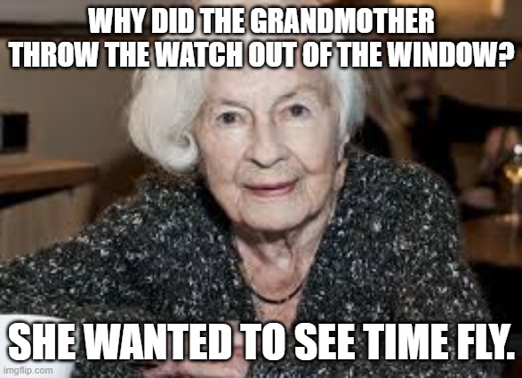 Grandmother | WHY DID THE GRANDMOTHER THROW THE WATCH OUT OF THE WINDOW? SHE WANTED TO SEE TIME FLY. | image tagged in grandmother | made w/ Imgflip meme maker