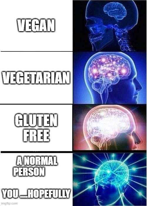 Expanding Brain | VEGAN; VEGETARIAN; GLUTEN FREE; A NORMAL PERSON                     YOU ....HOPEFULLY | image tagged in memes,expanding brain | made w/ Imgflip meme maker