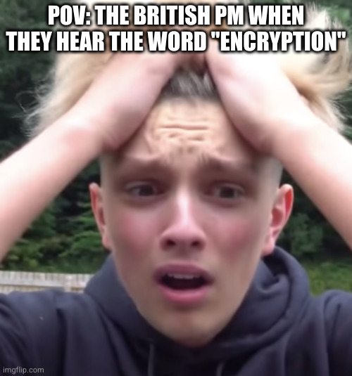 The Current state of British Privacy | POV: THE BRITISH PM WHEN THEY HEAR THE WORD "ENCRYPTION" | image tagged in morgz making choices,privacy,internet,british,uk,politics | made w/ Imgflip meme maker