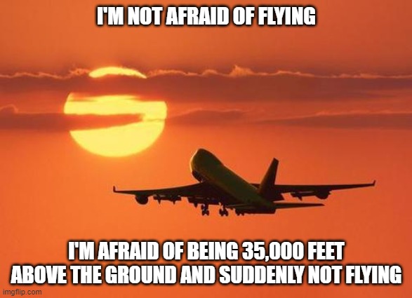 airplanelove | I'M NOT AFRAID OF FLYING; I'M AFRAID OF BEING 35,000 FEET ABOVE THE GROUND AND SUDDENLY NOT FLYING | image tagged in airplanelove | made w/ Imgflip meme maker