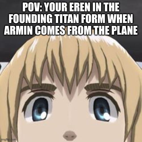 funni armiiiin | POV: YOUR EREN IN THE FOUNDING TITAN FORM WHEN ARMIN COMES FROM THE PLANE | image tagged in aot,anime | made w/ Imgflip meme maker