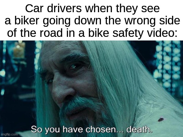Bob got ran over due to not following traffic safety rules | Car drivers when they see a biker going down the wrong side of the road in a bike safety video: | image tagged in memes,so you have chosen death,funny | made w/ Imgflip meme maker