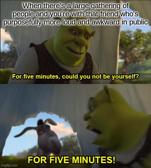 Then I start laughing uncontrollably and we both look like weirdos | When there's a large gathering of people and you're with that friend who's purposefully more loud and awkward in public | image tagged in memes,shrek for five minutes,friends | made w/ Imgflip meme maker