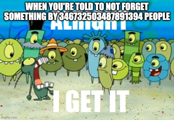 I wish you could prevent this | WHEN YOU'RE TOLD TO NOT FORGET SOMETHING BY 346732503487891394 PEOPLE | image tagged in alright i get it | made w/ Imgflip meme maker