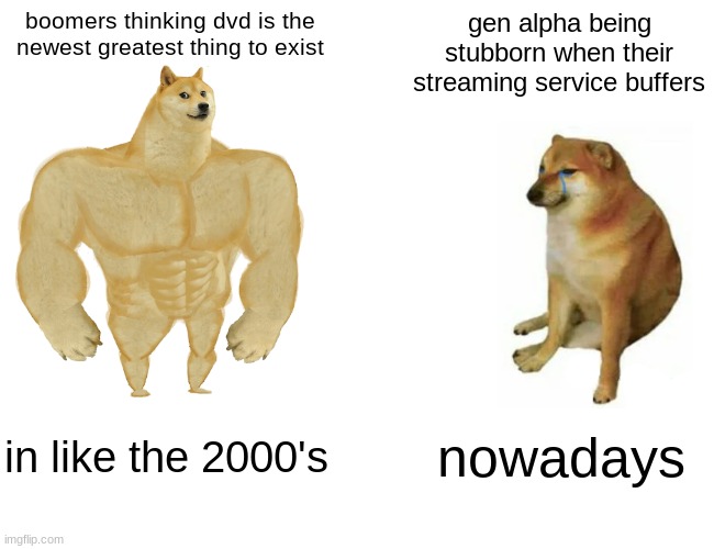 so true | boomers thinking dvd is the newest greatest thing to exist; gen alpha being stubborn when their streaming service buffers; in like the 2000's; nowadays | image tagged in memes,buff doge vs cheems | made w/ Imgflip meme maker