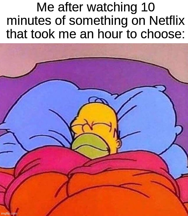 I sleep (◡ ω ◡) | Me after watching 10 minutes of something on Netflix that took me an hour to choose: | image tagged in homer simpson sleeping peacefully,memes,funny,true story,relatable memes,netflix | made w/ Imgflip meme maker