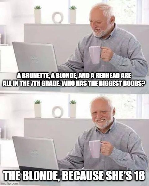 Hide the Pain Harold | A BRUNETTE, A BLONDE, AND A REDHEAD ARE ALL IN THE 7TH GRADE. WHO HAS THE BIGGEST BOOBS? THE BLONDE, BECAUSE SHE'S 18 | image tagged in memes,hide the pain harold | made w/ Imgflip meme maker
