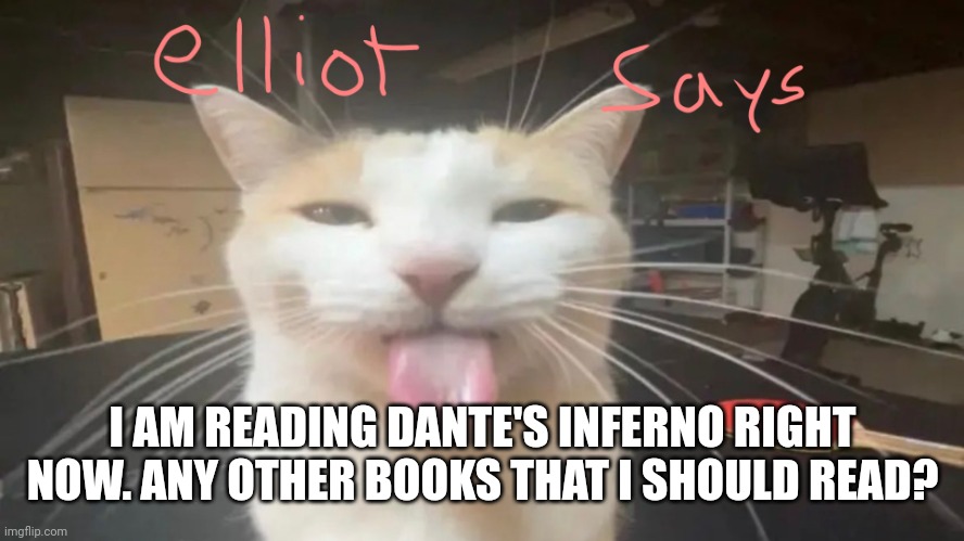 elliot says | I AM READING DANTE'S INFERNO RIGHT NOW. ANY OTHER BOOKS THAT I SHOULD READ? | image tagged in elliot says | made w/ Imgflip meme maker