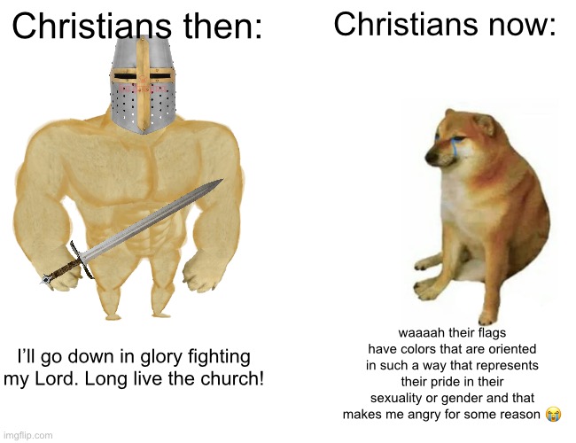 what happened to the crusades. upvote if you miss the crusades /j | Christians then:; Christians now:; waaaah their flags have colors that are oriented in such a way that represents their pride in their sexuality or gender and that makes me angry for some reason 😭; I’ll go down in glory fighting my Lord. Long live the church! | image tagged in memes,buff doge vs cheems | made w/ Imgflip meme maker
