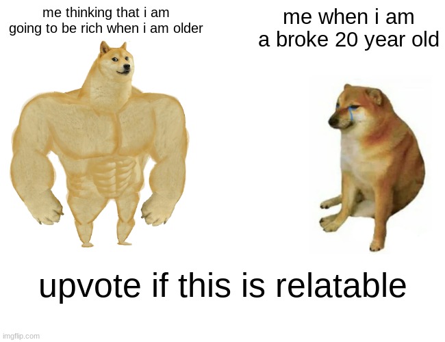 Buff Doge vs. Cheems Meme | me thinking that i am going to be rich when i am older; me when i am a broke 20 year old; upvote if this is relatable | image tagged in memes,buff doge vs cheems | made w/ Imgflip meme maker