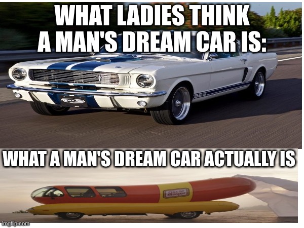 Dream cars | WHAT LADIES THINK A MAN'S DREAM CAR IS:; WHAT A MAN'S DREAM CAR ACTUALLY IS | image tagged in cars | made w/ Imgflip meme maker