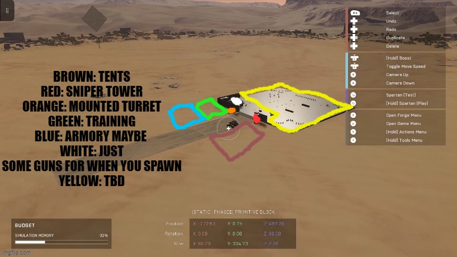 BROWN: TENTS
RED: SNIPER TOWER
ORANGE: MOUNTED TURRET
GREEN: TRAINING
BLUE: ARMORY MAYBE 
WHITE: JUST SOME GUNS FOR WHEN YOU SPAWN
YELLOW: TBD | made w/ Imgflip meme maker