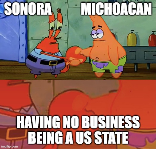 Patrick and Mr Krabs handshake | SONORA           MICHOACAN; HAVING NO BUSINESS BEING A US STATE | image tagged in patrick and mr krabs handshake | made w/ Imgflip meme maker